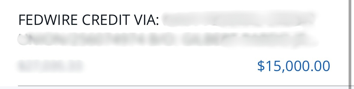 Wire deposit 15,000